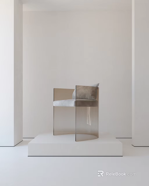 Transparent Leisure Chair with Gray Cushion on White Platform Against Light Colored Wall 3d model 