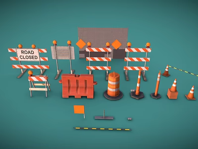Road Construction Safety Equipment Collection With Barricades Cones Flags And Closed Signs 3d model