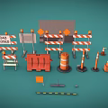 Road Construction Safety Equipment Collection With Barricades Cones Flags And Closed Signs