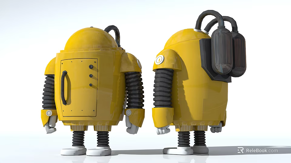 Yellow Smart Machine Featuring Robotic Design Black Arms Spring Legs And Transparent Visor 3d model