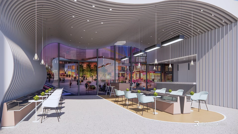 Modern Café Interior Design With Wavy Ceiling Glass Walls And Outdoor Seating 3d model 