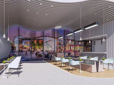 Modern Café Interior Design With Wavy Ceiling Glass Walls And Outdoor Seating 3d model