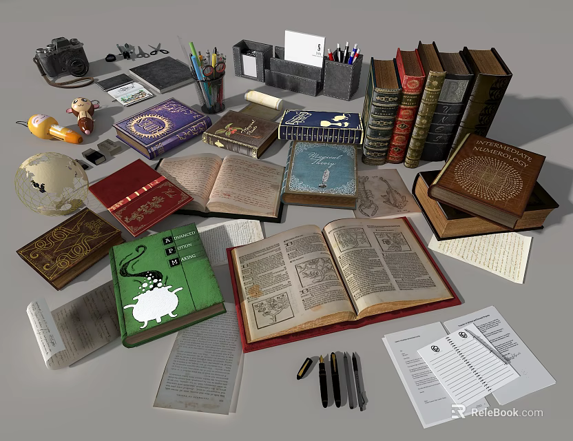Assorted Vintage Books Magazines With Open Pages Stationery Globe And Reading Items 3d model 