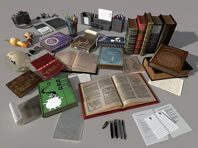 Assorted Vintage Books Magazines With Open Pages Stationery Globe And Reading Items 3d model