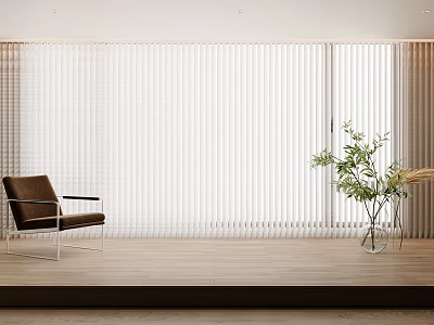 Brown Leather Leisure Chair With Metal Frame By White Blinds On Wooden Floor With Greenery 3d model