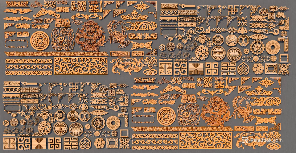 Classic Chinese Swing Door with Intricate Carved Patterns and Traditional Decorative Elements 3d model 