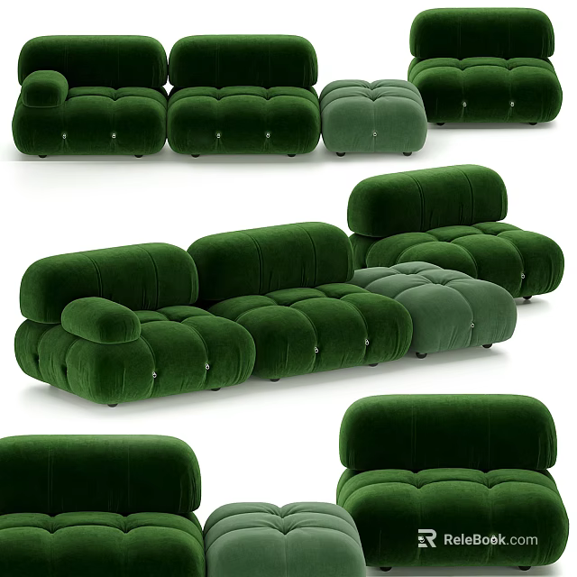 Green Velvet Modern Sectional Sofa with Tufted Details Showcased in Various Angles 3d model 