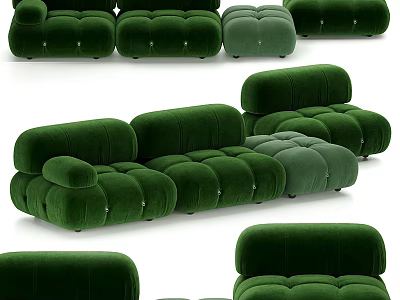 Green Velvet Modern Sectional Sofa with Tufted Details Showcased in Various Angles 3d model