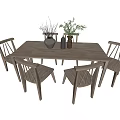 Rectangular Wooden Dining Table Set With Matching Chairs And Decorative Plants 3d model