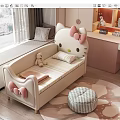 Hello Kitty Kids Bed with Pink Bows Striped Sheet and Stuffed Bear in Bedroom