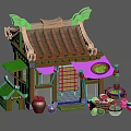 Ancient Traditional Building With Tiled Roof Wooden Structure Stall Lantern And Fruit Baskets