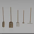 Rusty Long Handled Garden Tools Including Shovels Forks And Rakes Arranged On Dark Background