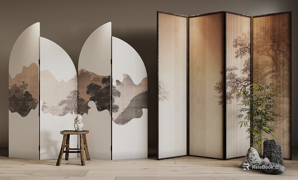 Wooden Folding Screens With Arched Ink Wash Landscape And Tree Patterns For Minimalist Interior 3d model 