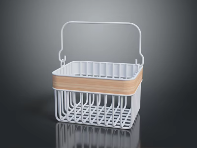 White Metal Household Storage Basket With Wooden Accent And Handle 3d model