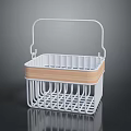 White Metal Household Storage Basket With Wooden Accent And Handle