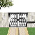 Geometric Pattern Wrought Iron Entrance Gate With Beige Stone Walls Lawn And Tree