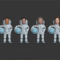 Four Game Movie Characters in Astronaut Suits as Figurines Holding Blue Spheres with Different Features