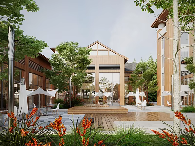 Modern Office Building with Wooden Structure Glass Curtain Wall and Landscaped Courtyard Garden Outdoor Seating 3d model