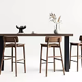 Modern Wooden Bar Counter With Three Bar Stools And Decorative Vase