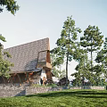 Detached Villa with Unique Gabled Roof Wooden Exterior Geometric Windows Balcony and Garden