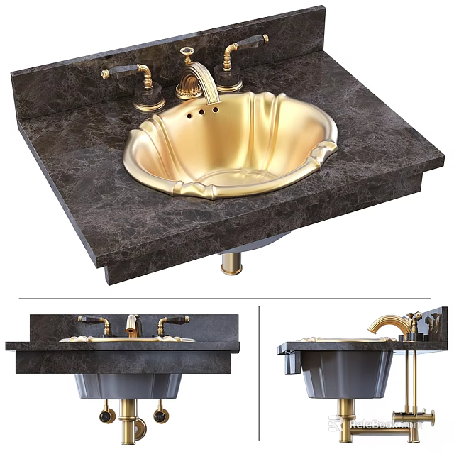 Luxury Golden Washbasin With Black Marble Countertop And Elegant Faucet Design 3d model 