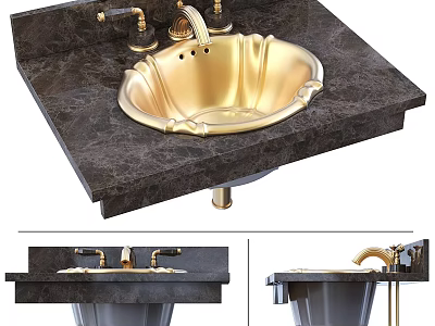 Luxury Golden Washbasin With Black Marble Countertop And Elegant Faucet Design 3d model