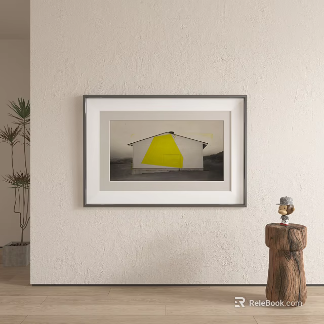 Framed Abstract Painting Featuring Yellow Triangular Roof And White Building On Neutral Background 3d model