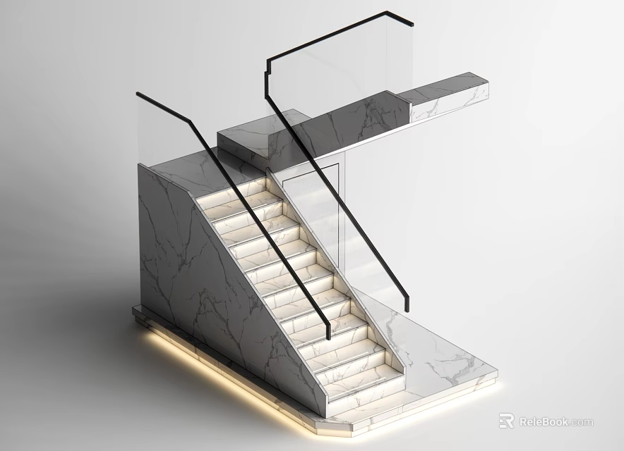 Modern Minimalist Marble Staircase With Glass Railing And LED Strip Lighting 3d model 