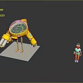 Small Character In Blue Outfit With Yellow Robot Transparent Dome And Mechanical Arms