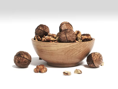 Wooden Bowl Filled With Walnuts And Whole Walnuts Around With Walnut Shells 3d model