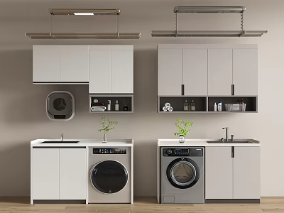 Modern Bathroom Cabinetry Set With Washing Machine Wall Cabinets Toiletries Hanging Rods And Potted Plants 3d model