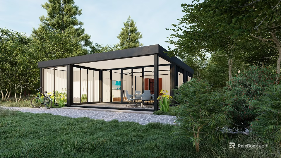 Modern Detached Villa With Black Framed Glass Walls Grass Lawn Patio And Surrounding Trees 3d model 