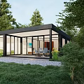 Modern Detached Villa With Black Framed Glass Walls Grass Lawn Patio And Surrounding Trees