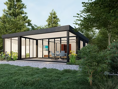 Modern Detached Villa With Black Framed Glass Walls Grass Lawn Patio And Surrounding Trees 3d model