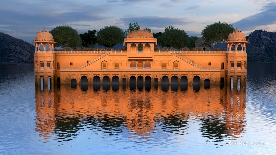 Ancient Architecture Featuring Orange Domes Arches Water Reflection Trees And Sky 3d model