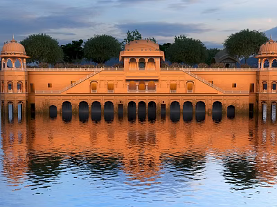 Ancient Architecture Featuring Orange Domes Arches Water Reflection Trees And Sky 3d model