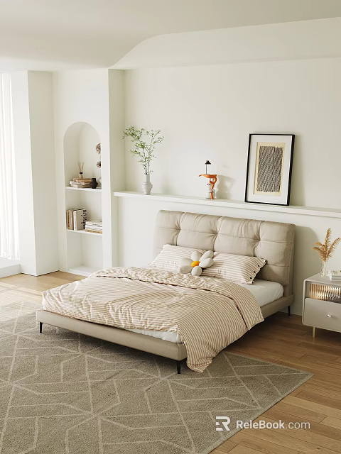 Cozy Double Bed with Beige Upholstered Headboard Striped Bedspread Stuffed Bunny and Wall Shelf Decor 3d model 