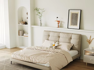 Cozy Double Bed with Beige Upholstered Headboard Striped Bedspread Stuffed Bunny and Wall Shelf Decor 3d model