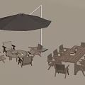Wooden Outdoor Table Set With Matching Chairs And Large Brown Umbrella