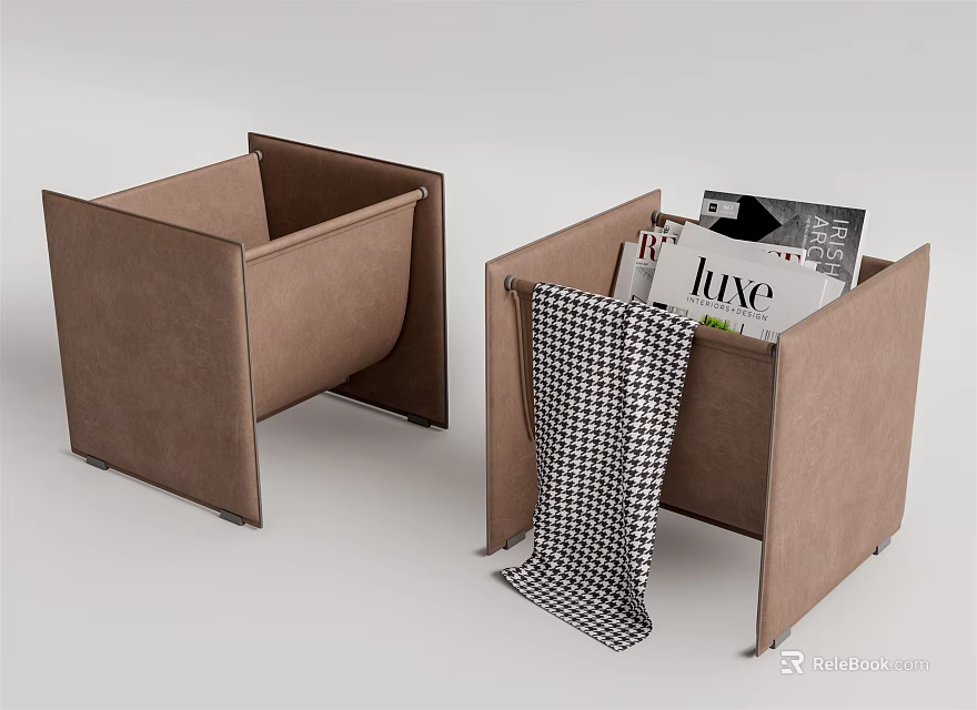 Brown Leather Round Side Table With Huxe Magazine And Checkered Blanket On Top 3d model 