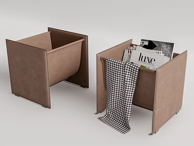 Brown Leather Round Side Table With Huxe Magazine And Checkered Blanket On Top 3d model