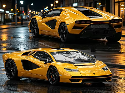 Yellow Lamborghini Sports Cars On Rainy Night City Street Front And Rear Views 3d model