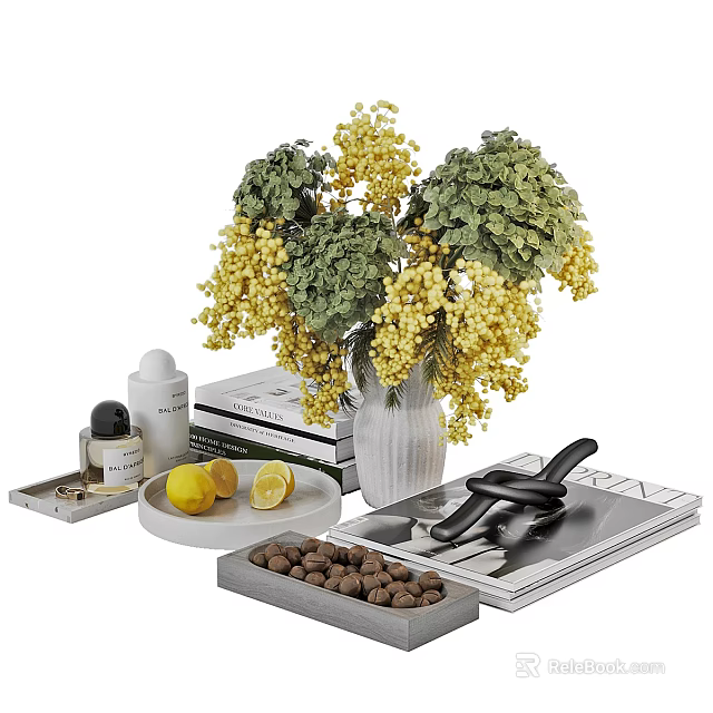 Elegant Decorative Ornament Set With Flower Bouquet Vase Books Lemons Nuts Trays And Perfume Bottle 3d model 