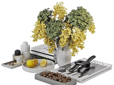 Elegant Decorative Ornament Set With Flower Bouquet Vase Books Lemons Nuts Trays And Perfume Bottle 3d model