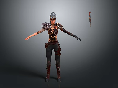 Fantasy Female Warrior in Detailed Armor with Feathered Shoulder Decoration and Sword Weapon 3d model