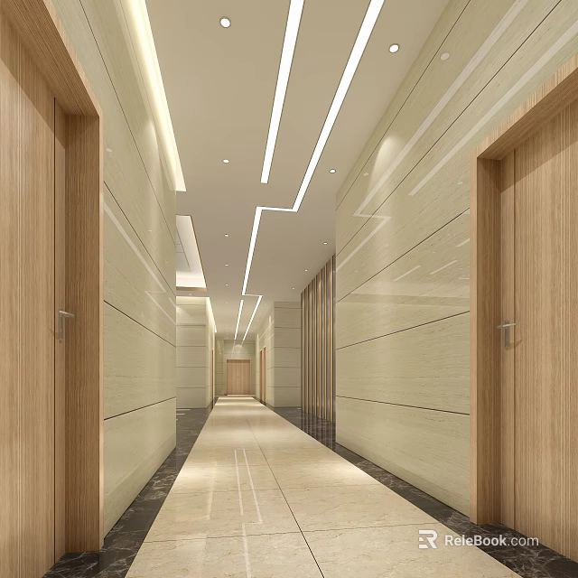Modern Front Desk Reception Corridor With Marble Walls Wooden Doors And Ceiling Light Strips 3d model 