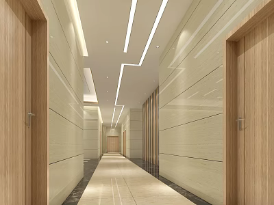 Modern Front Desk Reception Corridor With Marble Walls Wooden Doors And Ceiling Light Strips 3d model