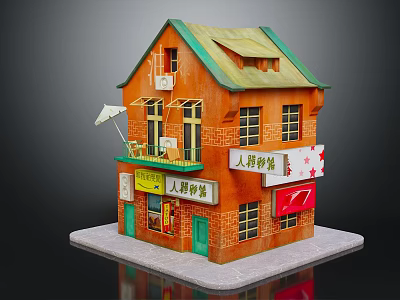Cute Cartoon House Model with Orange Exterior Green Roof Balcony Furniture and Colorful Signs 3d model