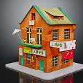 Cute Cartoon House Model with Orange Exterior Green Roof Balcony Furniture and Colorful Signs
