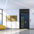 Modern Elevator Hallway With Marble Floor Yellow Sofa Large Windows And Creative Decor 3d model